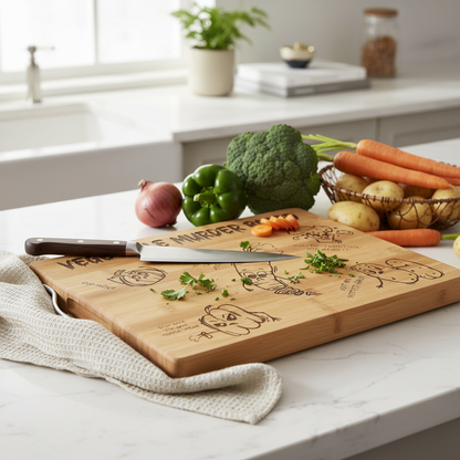 🥕 Vegetable Murder Board – Funny Engraved Bamboo Cutting Board